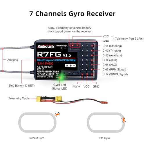 Radiolink R7FG 7 Channel Gyro Receiver 2.4GHz Integrated Telemetry Long Range Control for RC Car Boat Compatible Radiolink Transmitter RC6GS V3/RC6GS V2/RC6GS/RC4GS V3/RC4GS V2/RC4GS(2 Pcs) | 2.4GHz for RC Car/Boat, 600m Long Range Control, IPX4 Water Spl