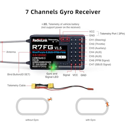 Radiolink R7FG 7 Channel Gyro Receiver 2.4GHz Integrated Telemetry Long Range Control for RC Car Boat Compatible Radiolink Transmitter RC6GS V3/RC6GS V2/RC6GS/RC4GS V3/RC4GS V2/RC4GS(2 Pcs) | 2.4GHz for RC Car/Boat, 600m Long Range Control, IPX4 Water Spl