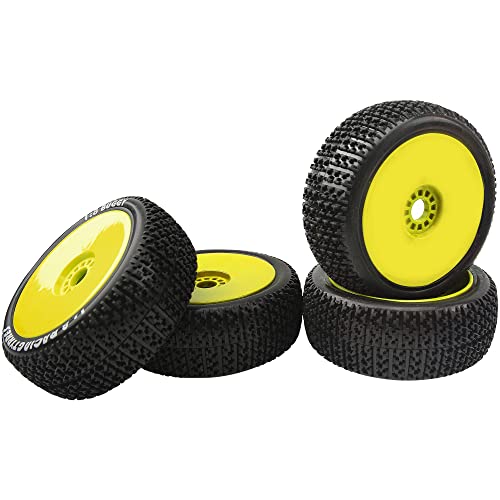 4Pcs OD 4.52" 1/8 RC Buggy Rubber Tires Tyre w/Plastic Rim 17mm Hex Compatible with Arrma Kyosho Exceed RC Traxxas Redcat HSP HPI 1/8 Scale Off Road Car Buggy (Yellow)
