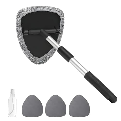 Windshield Cleaning Tool, Car Window Cleaner with Extendable Handle, 4 Microfiber Pads and Spray Bottle, Auto Interior Exterior Glass Wiper Cleaning Kit Universal for RV, SUV, Truck (Gray) - color: Gray