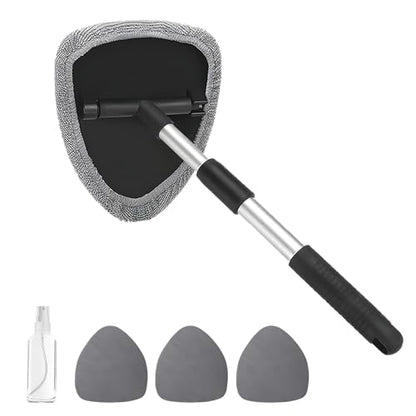 Windshield Cleaning Tool, Car Window Cleaner with Extendable Handle, 4 Microfiber Pads and Spray Bottle, Auto Interior Exterior Glass Wiper Cleaning Kit Universal for RV, SUV, Truck (Gray) - color: Gray