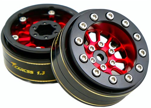 1.3 Beadlock Wheels & Brass Rim 46.5g Offset-3mm for 1/18 1/24 RC TF (Red Black) - color: Red Black