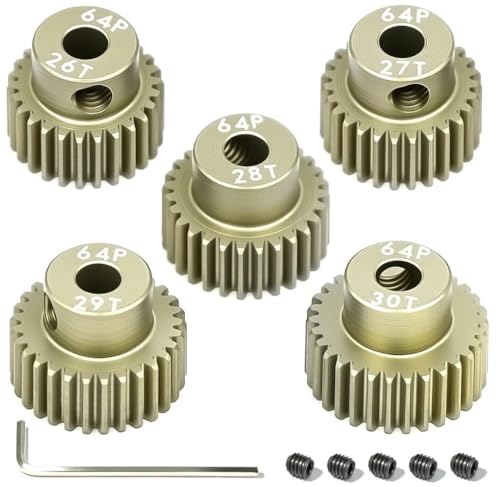 5Pcs 64P Aluminum Alloy Pinion Gear Set 3.175mm 26T 27T 28T 29T 30T Motor Pinion Gear W/ M4 Screw and Hex Key, Fit 3.175mm (1/8-Inch) Shaft, for Arrma HPI Kyosho Losi Axial Traxxas Tamiya 1/10 RC Car - size: 64P-3.175mm-26-30T