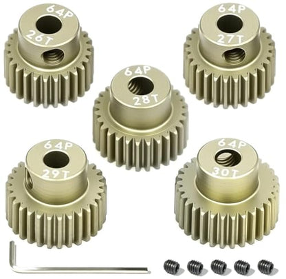 5Pcs 64P Aluminum Alloy Pinion Gear Set 3.175mm 26T 27T 28T 29T 30T Motor Pinion Gear W/ M4 Screw and Hex Key, Fit 3.175mm (1/8-Inch) Shaft, for Arrma HPI Kyosho Losi Axial Traxxas Tamiya 1/10 RC Car - size: 64P-3.175mm-26-30T