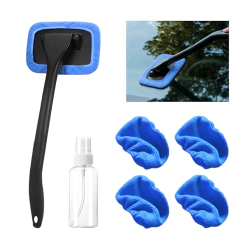Car Windshield Cleaning Tool, Microfiber Vehicle Window Cleaner with 5 Washable Reusable Cloth Pad & 1 Spray Bottle, Automotive Glass Wiper Cleaning Kit Accessories, Universal Fit (Blue) - color: Blue