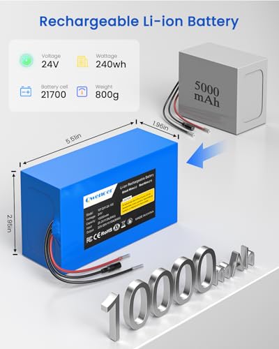 22.2V-24V 10Ah Lithium Battery, 24V Rechargeable Li-ion Battery with 25.2V 2A Charger, Bare Leads Wire, Cable Connector for Kids Ride On Cars, DIY Project, Solar Panels, LED Light Strip, CCTV Camera