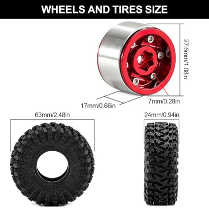 1.0" Beadlock Aluminum Wheels and 63mm Soft Rubber Tires | for SCX24, TRX4M, Ascent 18, FCX24, 1/18 1/24 RC Crawler, 7mm Hex, 0mm Offset, with Foam Inserts, (Red 345) - color: Red 345