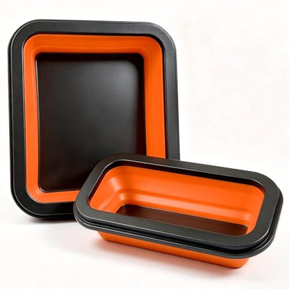 Collapsible Magnetic Parts Tray Set (2-Pack, S&M) - 1000-1200GS Strong Magnet, Silicone Foldable Tray for Screws, Bolts, Nuts, Washers - Ideal for Mechanics & Auto Repair (Orange)