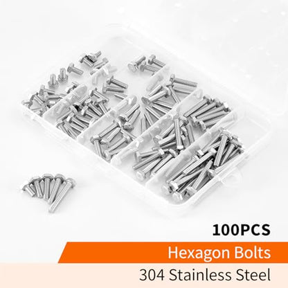 M4 x 8mm 12mm 16mm 20mm 25mm Heavy Duty Hexagon Bolts Hex Head Screws, 304 Stainless Steel, Metric Machine Fully Threaded, Bright Finish, Assortment Kit 100PCS - size: M4 x 8/12/16/20/25mm (100PCS)