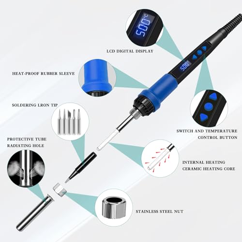 908D Blue 80W Adjustable Temperature Soldering Iron Kit, Heat Resistant Anti-Slip Handle, Includes 5 Soldering Tips, Solder Wire, Stand, Flux, Solder Pen/Hot Pen for DIY & Repair - color: Blue