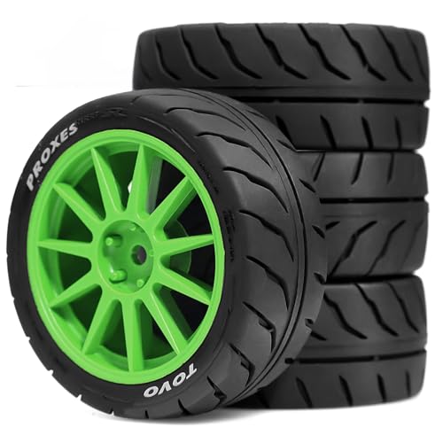 1/10 RC On Road Racing Tires and Wheels 12mm Hex OD 2.72'' RC Rally Street Tyres for 1:10 Scale Touring Drift Car Tamiya TT01 TT02 XV01 TA06 A959 PTG2 HPI KYOSHO HSP Traxxas 4PCS (Green) - color: Green