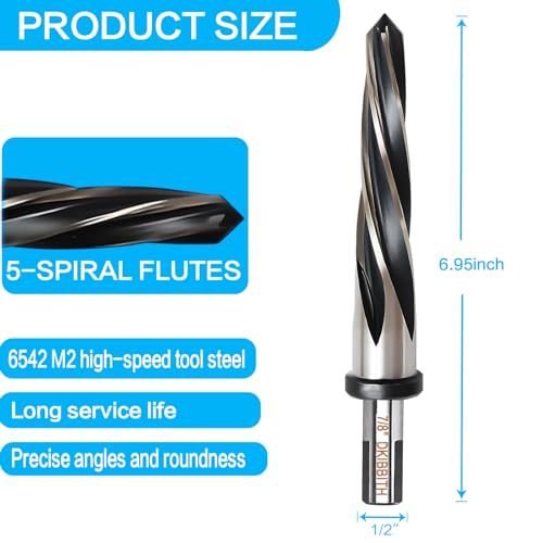 7/8” Bridge Construction Reamer Drill Bit, M2 HSS Taper Chucking Reamer for Steel Alloy Metal Wood Plastic, 1/2" Non-Slip Shank, 5-Spiral Flutes Car Reamer, to Align or Enlarge Holes, 22mm - size: 7/8”