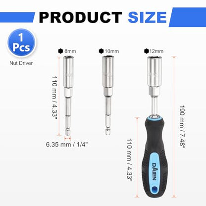 HARFINGTON Metric Nut Driver 8mm/10mm/12mm CR-V Non-Magnetic Detachable Tip Hollow Shafts Hex Socket Screwdriver with Anti-Slip Handle for Automobile Repair Bit Driver, Blue/Black - size: 8mm/10mm/12mm