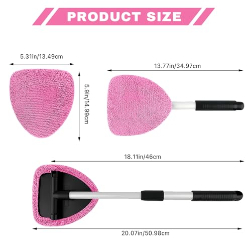 Windshield Cleaning Tool, Car Window Cleaner with Extendable Handle, 4 Microfiber Pads and Spray Bottle, Auto Interior Exterior Glass Wiper Cleaning Kit Universal for RV, SUV, Truck (Pink) - color: Pink
