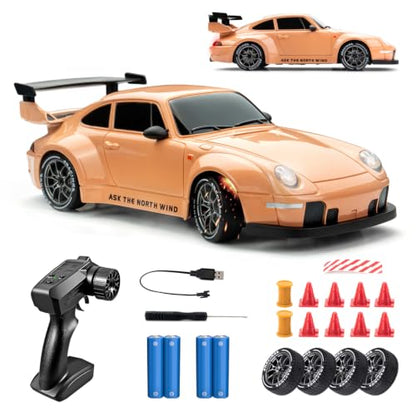 RC Drift Car, 1:24 Scale 4WD High-Speed Flesh Pink Drift RC Car | For Adults Kids, 2.4GHz Remote Control Racing Toy Car with LED Lights, Extra Tires, Rechargeable Batteries & Traffic Cones - color: Flesh Pink