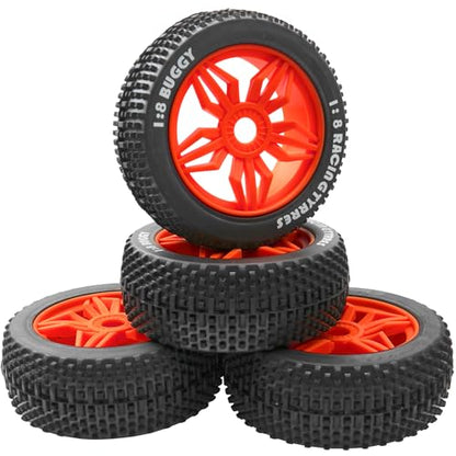 ShareGoo OD 4.52" 1/8 RC Buggy Rubber Tires Tyre w/ 5 Spoke Plastic Rim 17mm Hex Compatible with Arrma Kyosho Exceed RC Traxxas Redcat HSP HPI 1/8 Scale Off Road Car Buggy (Red) - color: Red