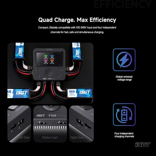 ISDT F160 4-Channel 40W 5A RC Battery AC Charger Discharger with XT60 Output for FPV/Drone/RC Car/Airplane, Supports 1-4S LiPo LiHv Life, Compact GaN Charging Station