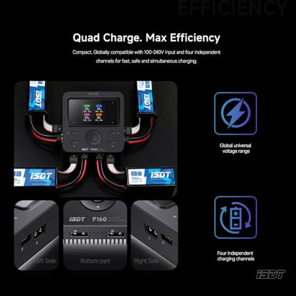 ISDT F160 4-Channel 40W 5A RC Battery AC Charger Discharger with XT60 Output for FPV/Drone/RC Car/Airplane, Supports 1-4S LiPo LiHv Life, Compact GaN Charging Station