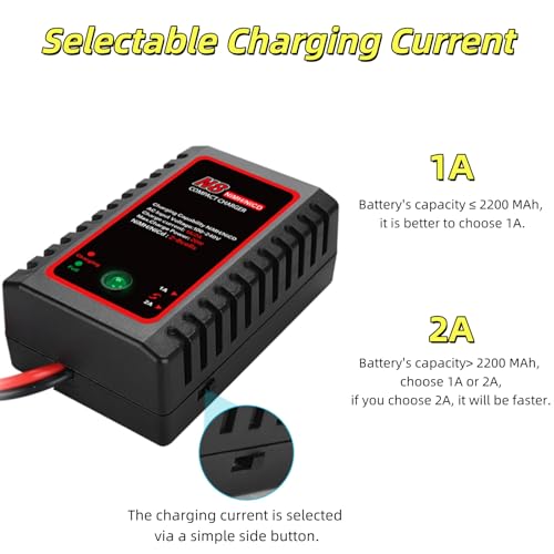 N8 NiMH NiCd Battery Charger for 2-8s Battery Packs, 1A/2A Smart RC Charger with Tamiya Connector & Alligator Clips for RC Cars, Ship Model, Drones, Airsoft