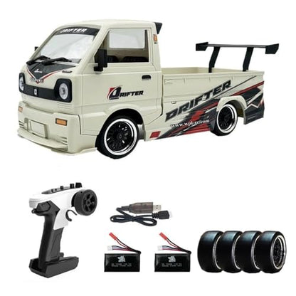 GoolRC WPL D-14S RC Kei Truck, 1:10 Scale Brushless RC Drift Car, 25KM/H High Speed Remote Control Car, 2.4GHz 4WD Proportional Throttle Steering Off Road Truck with LED Lights, 2 Batteries for Adults