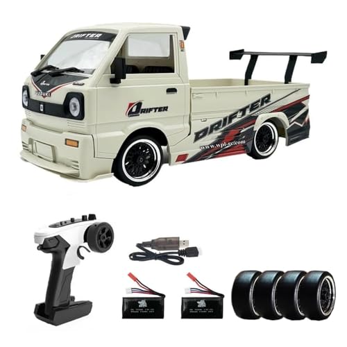 GoolRC WPL D-14S RC Kei Truck, 1:10 Scale Brushless RC Drift Car, 25KM/H High Speed Remote Control Car, 2.4GHz 4WD Proportional Throttle Steering Off Road Truck with LED Lights, 2 Batteries for Adults