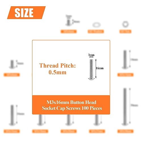 HELIFOUNER 100 Pieces M3 x 16mm, Thread Pitch 0.5mm, 304 Stainless Steel (18-8) Button Head Socket Cap Screws, Fully Threaded - size: M3 x 16mm