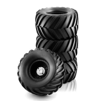 1/10 RC Monster Truck Tires and Hard Plastic Wheels Rims 12mm Hex Rubber Buggy Off Road Tyres with Foam for 1:10 Scale Truck Car Traxxas VXL 2WD Hoss 4x4 HSP HPI Tamiya Kyosho 4PCS (Black) - color: Black