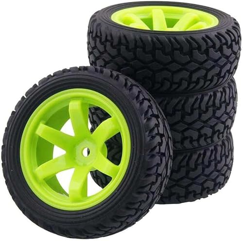 4PCS 75mm Rubber Tires and 6Spokes Plastic Wheel Rims Tyre for 1/10 RC On-Road Drift Racing Car 1:14 1:16 Rally Car for Tamiya Kyosho HPI HSP TT02 Upgrades Parts (Green) - color: Green