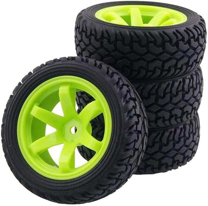 4PCS 75mm Rubber Tires and 6Spokes Plastic Wheel Rims Tyre for 1/10 RC On-Road Drift Racing Car 1:14 1:16 Rally Car for Tamiya Kyosho HPI HSP TT02 Upgrades Parts (Green) - color: Green