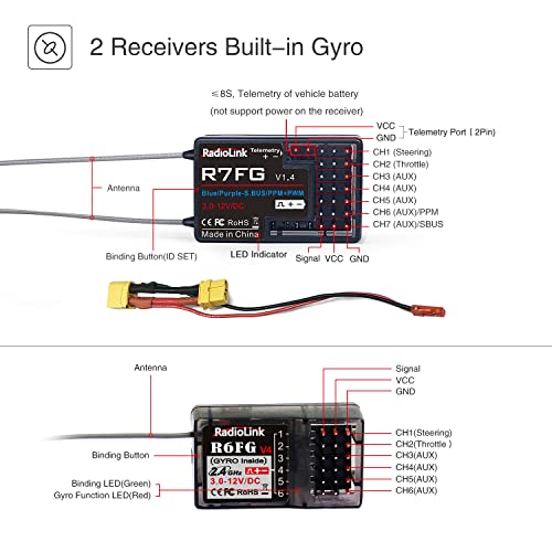 Radiolink RC6GS V3(V2 Upgrade) 7 Channels RC Radio Transmitter with 1Pcs R7FG & 3Pcs R6FG Gyro Receivers 2.4GHz 600m for Remote Control Car, Truck, Buggy, Racing Vehicle, Crawler, RC Boat