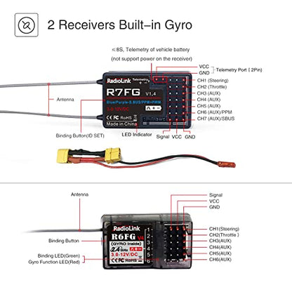 Radiolink RC6GS V3(V2 Upgrade) 7 Channels RC Radio Transmitter with 1Pcs R7FG & 3Pcs R6FG Gyro Receivers 2.4GHz 600m for Remote Control Car, Truck, Buggy, Racing Vehicle, Crawler, RC Boat