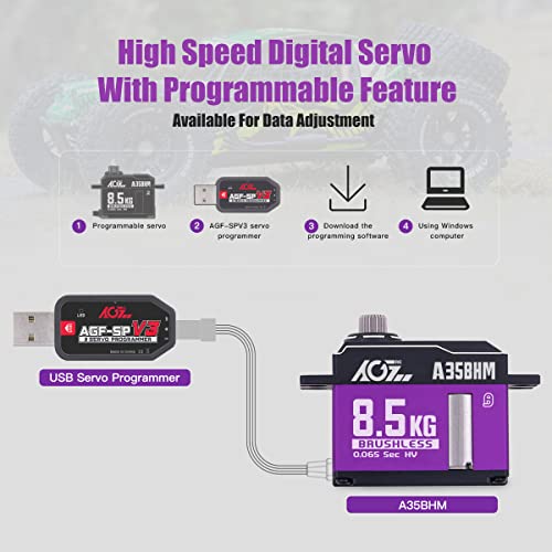 AGFRC 8.5KG HV Brushless RC Servo Motor for 1/12 1/10 RC Car(A35BHM) | 0.065Sec High Speed, Brushless motor, Programmable, 8.4V HV, CNC Aluminum Case, Titanium Gears, 35.5x15x29.2mm, 41g