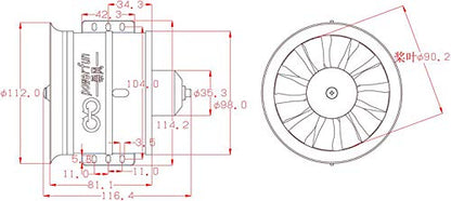 Powerfun EDF 90mm 12 Blades Ducted Fan with RC Brushless Motor 1450KV with ESC 120A(5~8S) Balance Tested for EDF 6S RC Jet Airplane