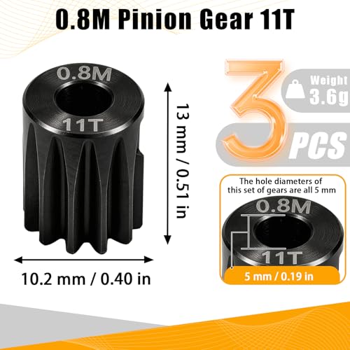 3-Pack Steel Metal 0.8M 5mm Pinion Motor Gear Sets 11T Compatible with HPI Kyosho Losi Axial Tamiya 1/8 1/10 RC Car Monster Truck Buggy, 0.8 Module Gear for Traxxsa Arrma - style: 3Pcs 11T