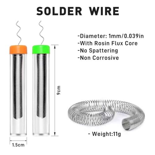6-in-1 solder kit, soldering iron tip cleaner +1.0mm solder wire(11g*2pcs)+Rosin Solder Flux Paste (1.75 oz/50g), desoldering wick (2.5 * 3.0mm,9.8ft) Stainless steel scraper stir welding tool