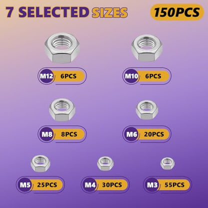 150Pcs Metric 7 Sizes Hex Nut Assortment 304 Stainless Steel | M3 M4 M5 M6 M8 M10 M12, Rust Resistant, For Electronics, Mechanics & DIY, Storage Case Included. - size: 150Pcs M3-M12 Silver