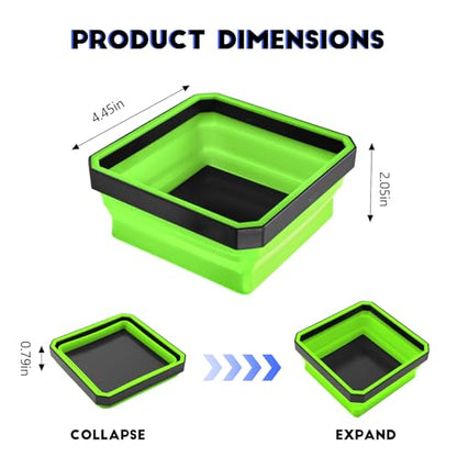 Collapsible Magnetic Parts Tray, 4.5 Inch Square Silicone Tray Holder with Double-Sided Magnetic Base, Foldable Tool Trays for Screw Bolts Nuts Pins Small Parts, Car Accessories (Green) - color: Green