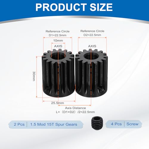 uxcell 2Pcs 1.5 Mod 15T Spur Gear 10mm Bore, 1045 Steel Pinion Gear Black Surface Treatment, 20°Pressure Angle, for Spur Rack and RC Model Car or Motor DIY - size: 1.5 Mod 15T, 10mm