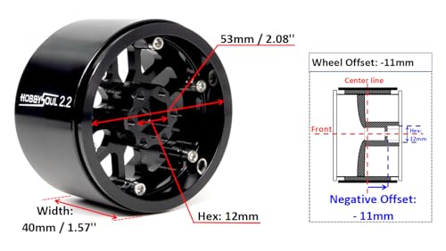 2.2 Beadlock Wheels 4-Pack For 1/10 RC Crawler SCX10 TRX4 Capra | -11mm negative offset,40mm wide aluminum wheel black color rims with 12mm hex hub,for 1/10 RC crawler vehicles Upgrades - color: Black