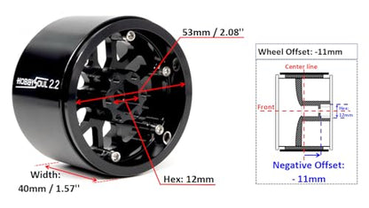 RC 2.2 Beadlock Wheels 40mm Wide 4-Pack Fits TRX4 SCX10 Capra | -11mm negative offset, Black CNC aluminum rims with 12mm hex hub For 1/10 mud rock RC crawler trucks upgrades - color: Black
