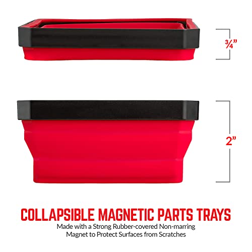 SANDOR Collapsible Magnetic Parts Tray Set - (Pack of 3) Tool Trays for Screw, Bolts, Nuts, Washers, Pins and Other Small Metal Parts - 4.25 Inch Square - Red, Blue, and Green
