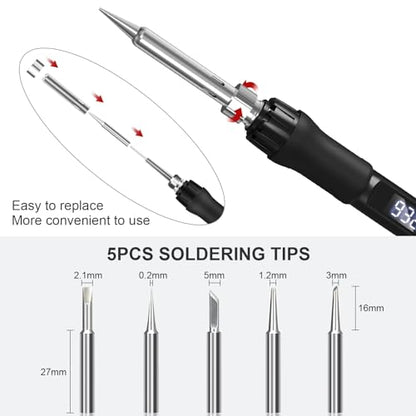 Soldering Iron Kit, 100W Soldering Gun with LED Digital Display, Adjustable Temperature 356-932℉ Solder Kit for Electronics, Includes Soldering Iron Tip, Solder Wire, Stand, Tweezers and Paste, Black - color: Black