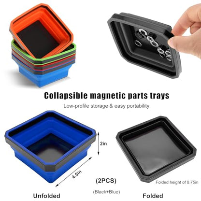 Yourkar Collapsible Magnetic Parts Tray, 4.5 Inch Foldable Magnetic Square Silicone Tray, Tool Tray Set with Double-Sided Magnetic Base for Screw Bolts Nuts Pins, Car Accessories (Black+Blue, 2 PCS) - color: Black+Blue, 2 PCS