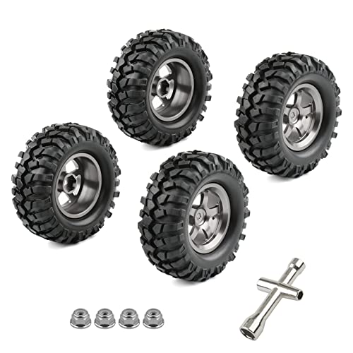 4PCS 1.9 Tires and Wheels Set, 12mm Hex for 1/10 RC Crawler | 96mm OD, Aluminum Rims, Lock Nuts & Wrench - color: Titanium