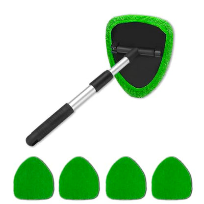 4 Pack Windshield Cleaning Tool with Extendable Handle, Green | aluminum ABS and microfiber body, pivoting head, reusable cloth pads, fits most vehicle glass, auto cleaning tools - color: Green
