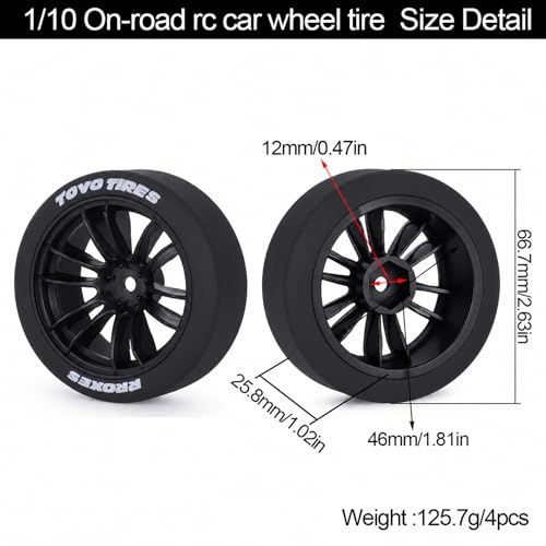 AMK 1/10 RC Drift Wheels & Tires Set, Hard Plastic Drift Tires with 12mm Hex Wheels, Complete 4-Pack for On-Road RC Drift Cars, Fits Tamiya TT01 TT02 XV01, Kyosho, HPI, HSP (Black) - color: Black