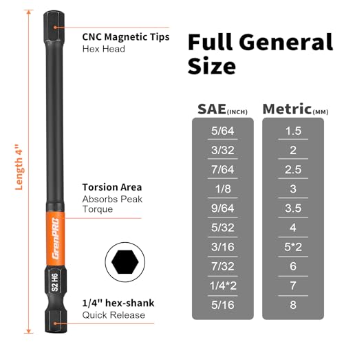 GRENPRO Allen Wrench Drill Bit Set, 22PCS 4-Inch Metric & SAE Impact Bits | 4-Inch Magnetic Hex Bits with 1/4-Inch Shanks Reach Recessed Fasteners and Fit Impact Drivers for Automotive and Home Repair - size: 4" 22pcs(Metric&SAE)