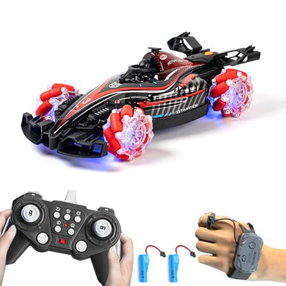 RC Stunt Car, Gesture Sensing Remote Control Car with Sound Lights and Spray, 2.4GHz 4WD 360° Rotating RC Cars with 2 Batteries for Teens (Red) - color: Red, size: 2 Batteries