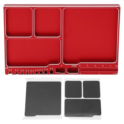 Magnetic Screw Tray, 16x10x1.1cm/6.30x3.94x0.43in Aluminium Alloy RC Repair Parts Organizer Portable Small Parts Holder with 4 Magnetic Pads for RC Aircraft (Red) - color: Red