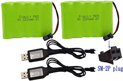 Blomiky 2 Pack 6.0V 2200mAh NiMH Rechargeable Battery with SM-2P Black 2 pin Plug and USB Cable fit for RC Car Vehicles Trucks 6V NiMh 2